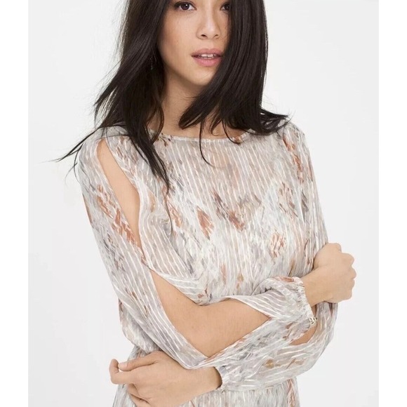 White House Black Market Mini Dress Metallic Boho Long Slit Sleeve Whimsy SZ 00 - Picture 8 of 13